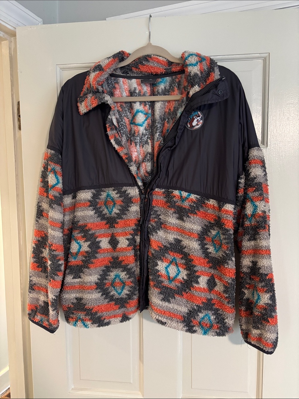 Buc-ee’s Cozy Aztec Sherpa Jacket with Quilted Yoke - Black/Gray/Orange